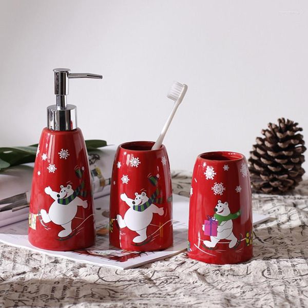 Banyo Aksesuar Seti Sevimli Ayı Noel Banyo Diş Fırçası Tutucu Losyon Şişesi Ağız Gönderme Kupası Çift Ev Taşınabilir Sabun Dispenser Dekor