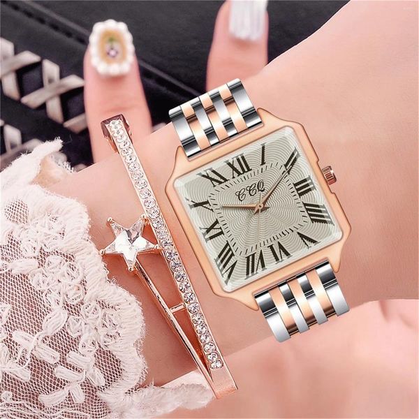 Armbanduhren Roman Literal Damenuhr Fashion Square Gold Stahl Simples Armband Luxus Diamantbesetzt Reloj Para Mujer