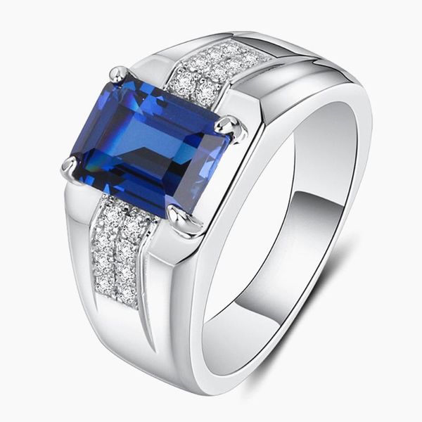 Anelli a grappolo Quadrati di moda Cristallo blu Pietre preziose di zaffiro Diamanti per uomo Oro bianco Gioielli in argento Colore Bague Argent Anelli