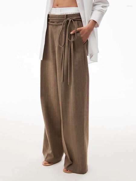 Kadın Pantolon Yün Malzeme Gevşek İnce Sıradan Gri Kadın Giyim 2023 Kış Y2K Drawstring Kravat Yüksek Bel Düz