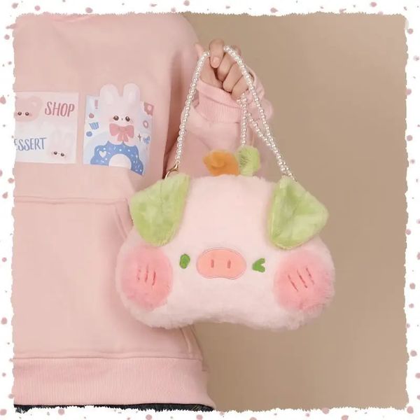 Abendtaschen Niedliche Plüsch Rosa Schwein Puppe Tasche 2023 Koreanische süße kontrastierende Perlenkette Umhängetasche Große Kapazität Cartoon Schulter 231108