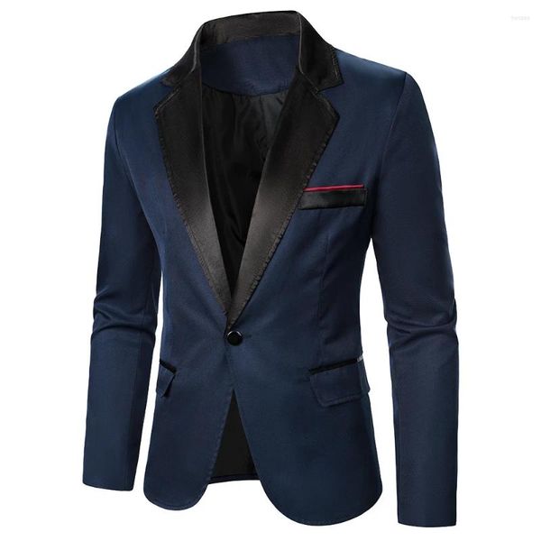 Ternos masculinos masculinos blazer decorativo bolso no peito contraste cor gola de cetim causal formal diário casamento longo slve um botão