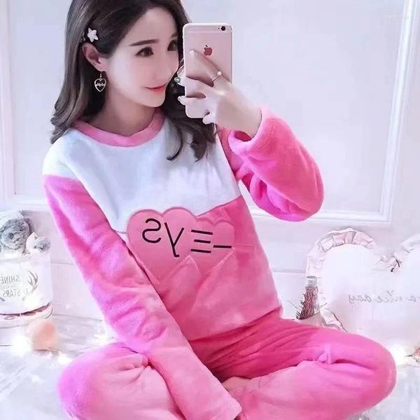 Mulheres sleepwear inverno rosa vermelho doce manga longa mulheres pijamas conjunto grosso quente flanela pijama feminino coral veludo 2 peça casa terno