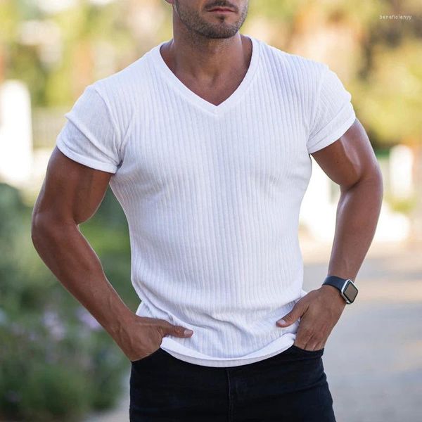 T-shirt da uomo Casual a costine Design Slim T-shirt da uomo Sport Fitness Abbigliamento 2023 Estate Manica corta con scollo a V Camicia in puro colore Basic Tees