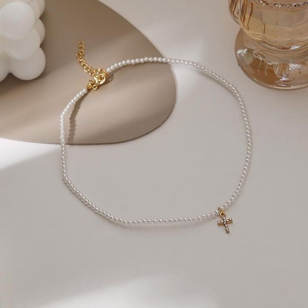 Anhänger Halsketten Vintage Perle Kreuzkette Choker Halskette Für Frauen Kreative Strass Gold Farbe Schlüsselbein Korea JewelryPendant