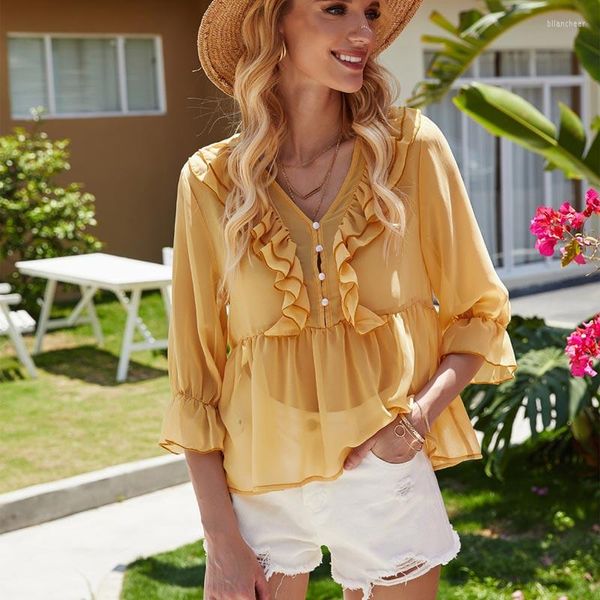 Blouses feminina Mulheres amarelas de algodão de verão amarelo chiffon botão de chiffon tops finos de caça-deco