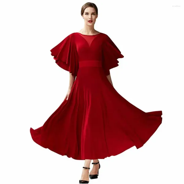 Abbigliamento da palcoscenico Costumi da donna rosso vino Abito da ballo da sala per donne Abiti da competizione Abiti da ballo standard Manica lunga