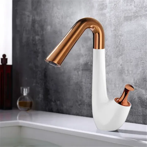 Rubinetti per lavandino del bagno Lavabo a forma di cigno bianco Miscelatore in ottone massiccio Maniglia singola fredda Design unico Nero Oro rosa / Cromo