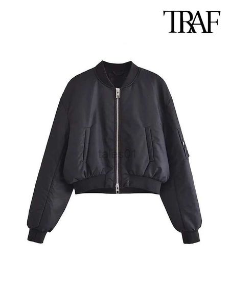 Mulheres Down Parkas TRAF Mulheres Moda Cortada Nylon Acolchoado Bomber Jacket Casaco Vintage Manga Longa Zíper Frontal Feminino Outerwear Chic Tops zln231109