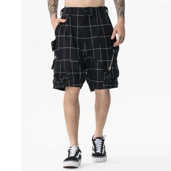 Herren-Shorts, Y2K-Reißverschluss, große Tasche, kariert, dünne Sommer-Frachthose, elastische Taille, weites Bein, übergroß, Sport, lässig, Fünf-Punkte-Hose