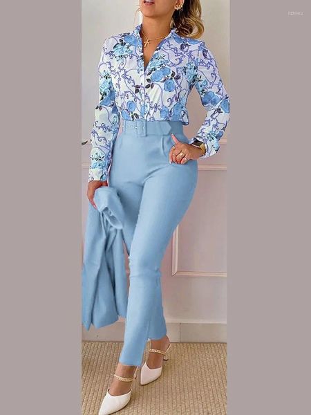 Women's Two Piece Pants 2023 Autumn Clothing Long-sleeved Lapel Printed Shirt Solid Color Belt Casual Suits Elegant For Commuting