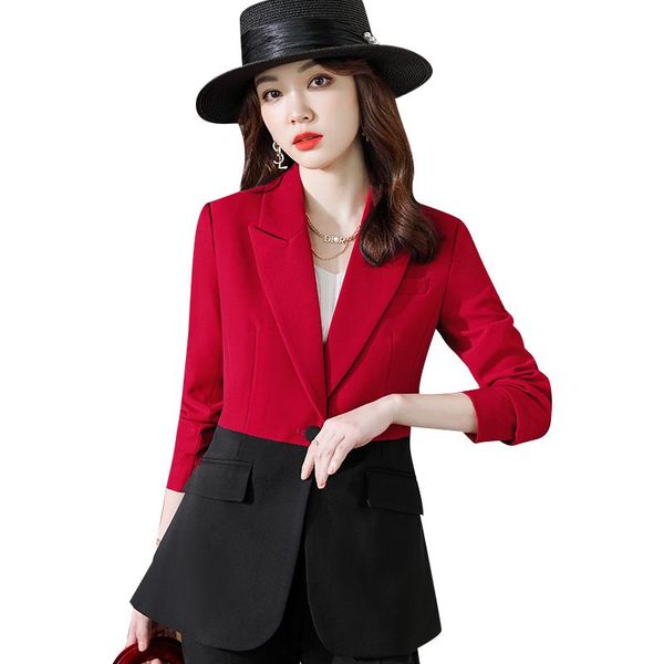 Ternos femininos Blazers Moda Senhoras vermelhas e pretas de retalhos Blazer jaqueta feminina de manga longa Trabalho usa uniforme de escritório de esteticista comercial