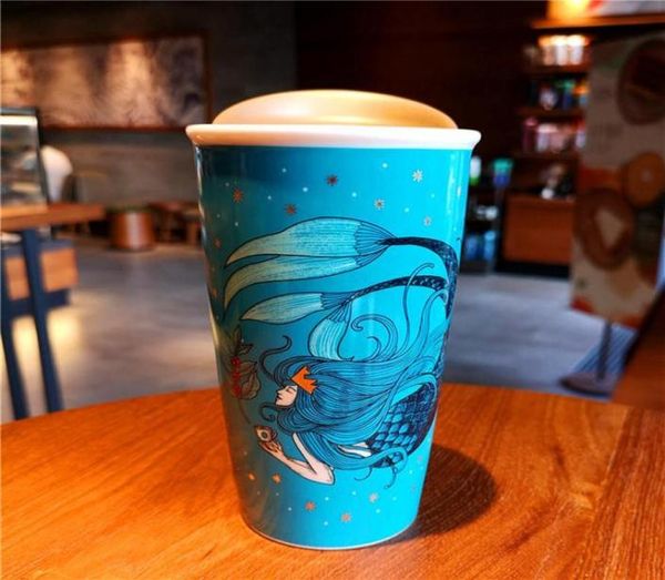 Dea sirena Incontro inaspettato nella tazza di caffè del mare Ceramica blu a doppio isolamento Porta fuori porta in macchina Tazza di accompagnamento180I9984665