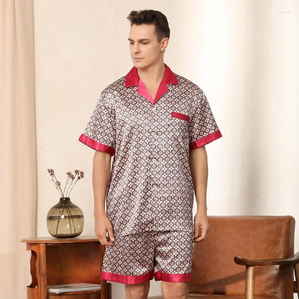 Pijamas de verão de roupas de dormir masculinas para homens de pijama preto impresso de manga curta de cetim de seda de cetim use pijamas size de euro