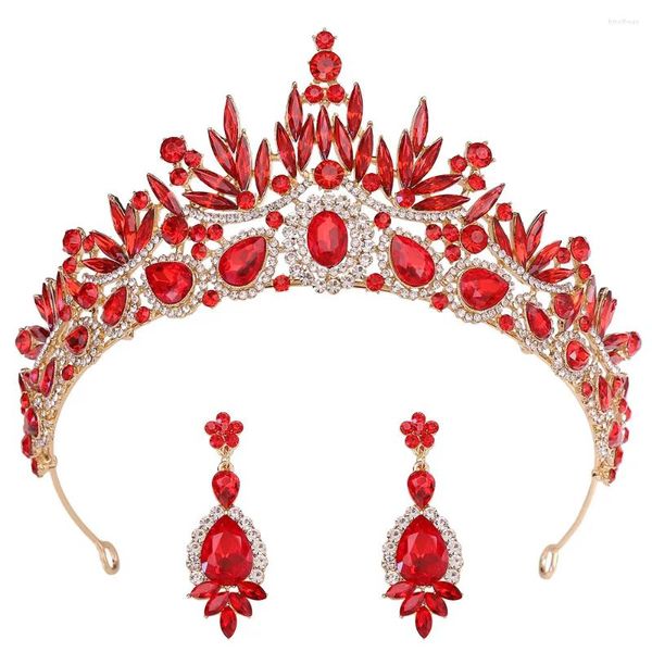 Saç klipsleri barok vintage kırmızı yeşil mavi kristal gelin taç küpeler ile dubai thai tiaras rinestone diadem düğün aksesuarları