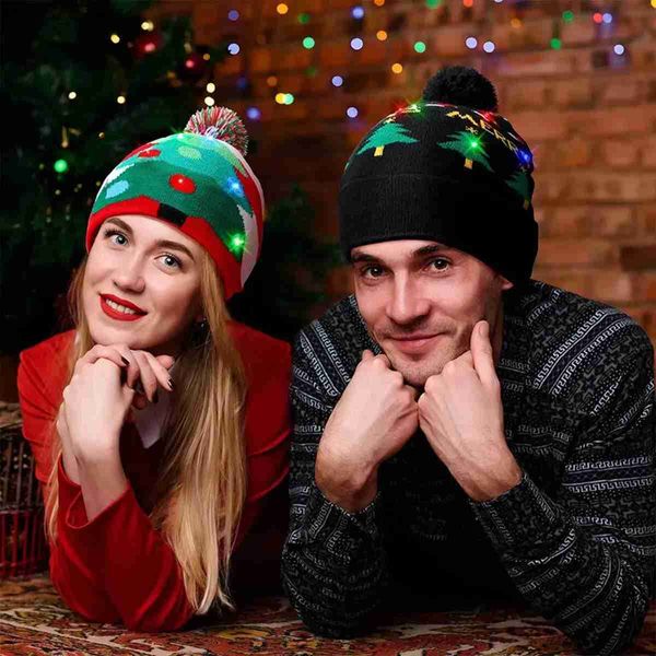 Beanie / Skull Caps 5 estilos Luz LED Sombrero de Navidad de punto Unisex Adultos Niños Año Nuevo Navidad Luminoso Intermitente Tejer Crochet Hat Party Favor SN YQ231108