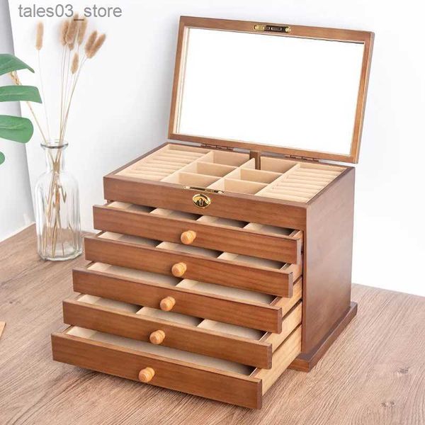 Caixas de jóias gaveta caixa de jóias organizador de armazenamento estilo chinês pinho de madeira grande caixa de alta capacidade luxuoso colar de madeira maciça brincos q231109