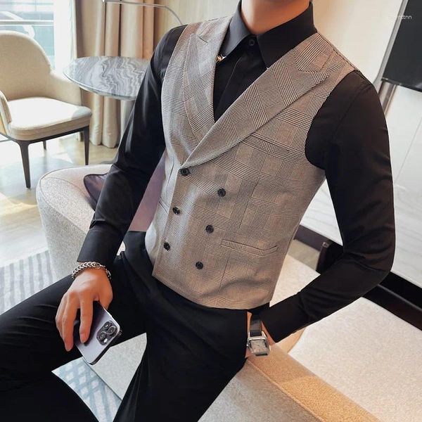 Coletes masculinos estilo britânico double-breasted xadrez cavalheiro colete moda slim-fit negócios casual sem mangas terno colete