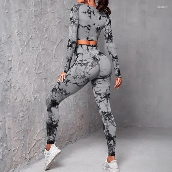 Pantaloni da donna in due pezzi tinti in cravatta senza cuciture Set da yoga a maniche lunghe Slim Crop Top a vita alta Pantaloni per l'anca Pantaloni da palestra Fitness Set di abbigliamento sportivo per