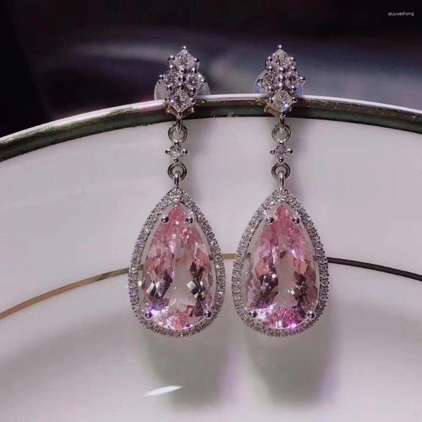 Brincos pendurados h619 joias finas real puro 18 k ouro branco au750 natural rosa morganite pedra preciosa 5.93ct gota para mulheres