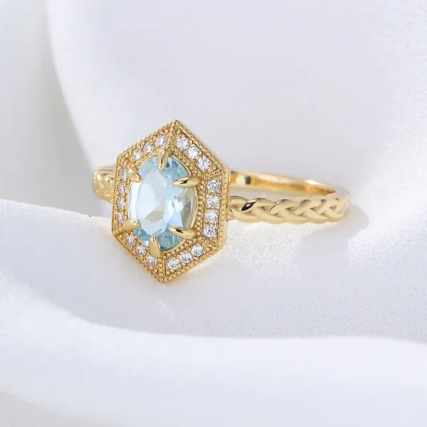 Cluster Ringe Natürliche Sky Blue Topas Frauen Klassische S925 Sterling Silber Sechseckigen Ring Weibliche Luxus Schmuck Design Mädchen Geschenk Party
