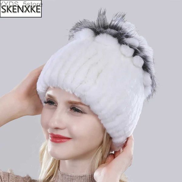 Шапка-бини/кепка с черепом, горячая распродажа в России, зимняя качественная шапка из натурального меха, шапка из натурального теплого меха кролика рекс, женская теплая вязаная шапка из натурального меха кролика рекс, YQ231108