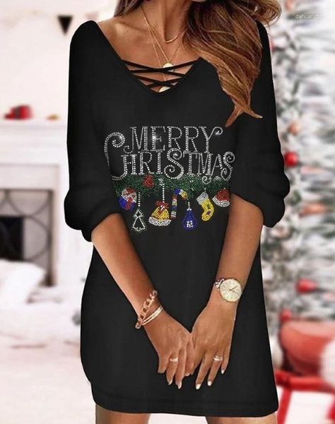 Sıradan Elbiseler Kadınlar 2023 Bahar Moda Rhinestone Noel Grafik Desen V Yağ Uzun Kollu Günlük Mini Düz Elbise