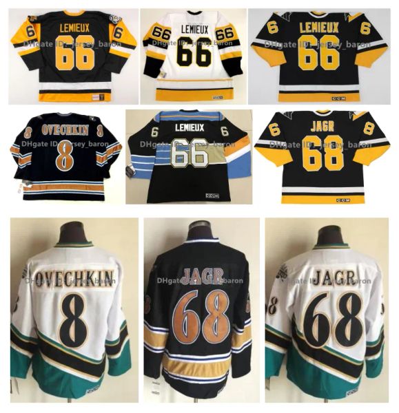 CCM Lemieux Penguins Hóquei Jersey Jaromir Jagr Capitais 8 Alex Ovechkin Black White Tamanho M-xxxl