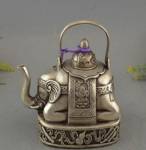 Антикварная латунная коллекция, посеребренный винный горшок Lucky Eight Treasure Elephant Teapot1847611