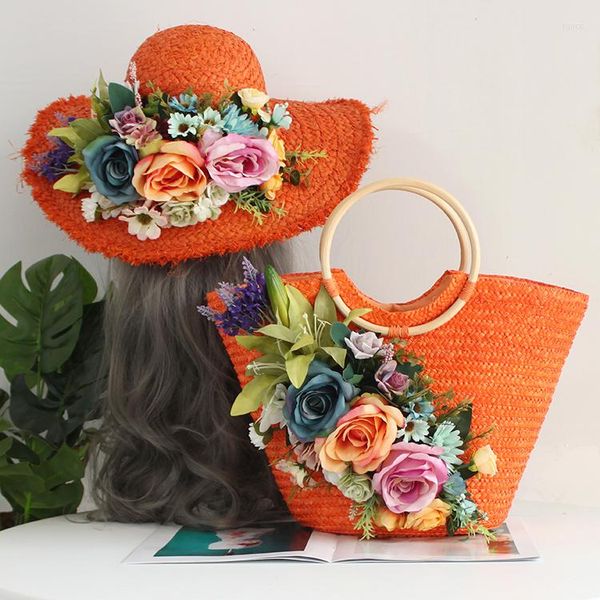 Borse da viaggio Borsa da spiaggia in paglia di fiori da donna fatta a mano Fiori artificiali multicolori Abito da cappello a tote dai colori vivaci Vacanze estive casual