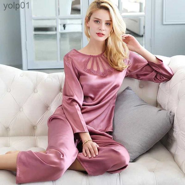 Kadın pijama 100% doğal ipek pijama seti kadın takım elbise 2 parça uzun sle üst+pantolon ipek pijama femme dantel pijama bayanlar ev kıyafetleri231109