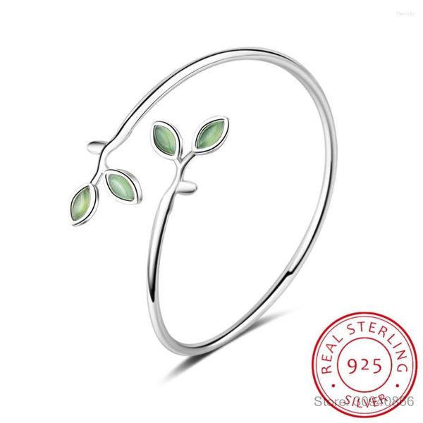 Bangle 925 Sterling Sliver Moda semplice Foglie verdi Opali Bracciali Accessori per abbigliamento Ridimensionabile per regalo donna