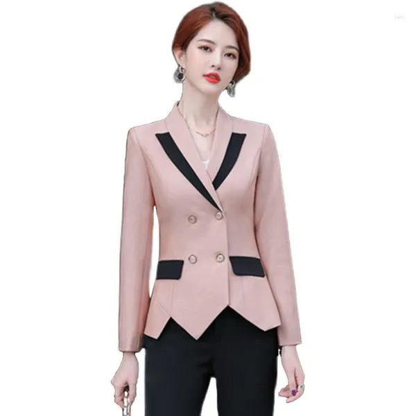 Abiti da donna Primavera Giacca moda coreana Giacca a maniche lunghe Slim Patchwork Blazer Office Lady Cappotto Outwear Doppio petto Rosa Grigio