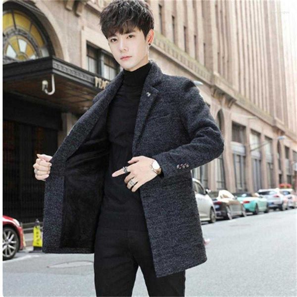 Trench da uomo Autunno Inverno Sottile Solido Misto Lana Giacca a vento medio-lunga Giacca in cotone caldo e spesso Taglie forti Top Cappotto nero1wgn