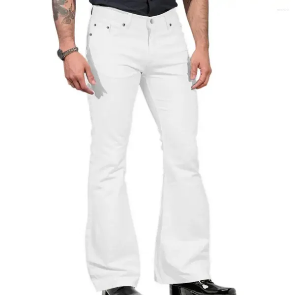 Pantaloni da uomo Jeans vintage Tinta unita elasticizzati Slim Fit Pantaloni a vita media con fondo a campana Pantaloni alla moda svasati Streetwear