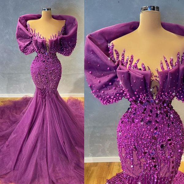 Фиолетовые платья для выпускного вечера с русалкой и короткими рукавами из органзы Элегантные длинные платья для вечеринок Сверкающее расшитое бисером и блестками вечернее клубное вечернее платье в африканском стиле