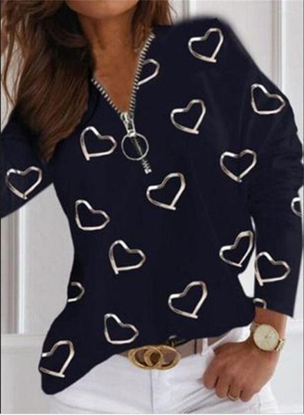 Camicette da donna Maglietta casual bianca da donna Cerniera Colletto con scollo a V Love Print Giacca primaverile Top a maniche lunghe da donna Alternativa da donna