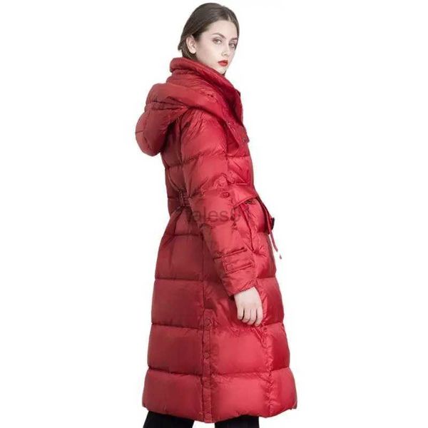 Damen-Daunenparkas Damen-Winter-Daunenjacke mit Kapuze und gürtellangem Design Schwarz Rot Marineblau Mantel in Übergröße zln231109