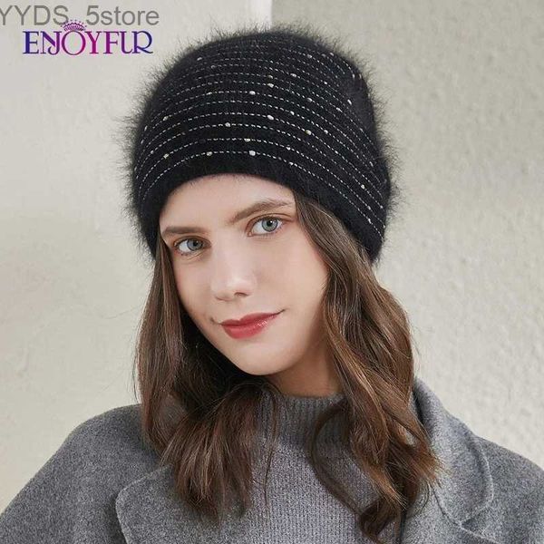 Beanie/Schädelkappen ENJOYFUR Frauen Gestrickte Wintermützen Dicke Warme Angola Kaninchenfell Haar Strass Motorhaube Weibliche Mode Gute Qualität Winter Beanie YQ231108