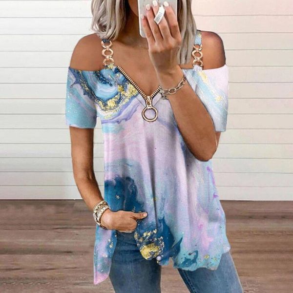 Frauen-T-Shirts Frauen-Hemd Bedruckt Off-The-Shoulder Einfarbig Lose Reißverschluss Damen Tops 2023 Sommer Mode Lässig Bequeme Weibliche Kleidung