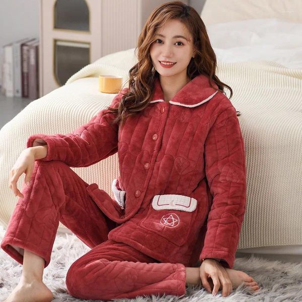 Mulheres sleepwear coral veludo pijama para mulheres no outono e inverno luz fina três camadas de algodão sanduíche casa conjunto de roupas