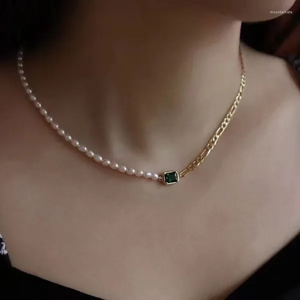 Ciondoli Collana di perle d'acqua dolce naturale a forma di miglio Nonna Smeraldo Diamante quadrato 14K Oro riempito di luce Gioielli di nicchia di lusso