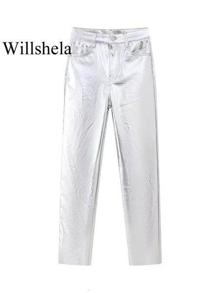 Calças femininas capris willshela mulheres moda metal prata frontal zíper calças retas vintage cintura alta comprimento total feminino chique senhora calças 231108