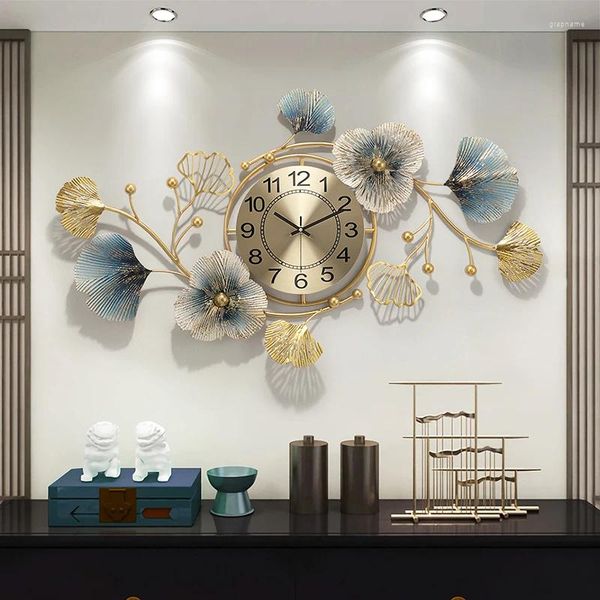 Orologi da parete Orologio di lusso cinese Ampio soggiorno Foglia di ginkgo Arte del metallo Silenzioso moderno meccanismo al quarzo digitale Decorazioni per la casa