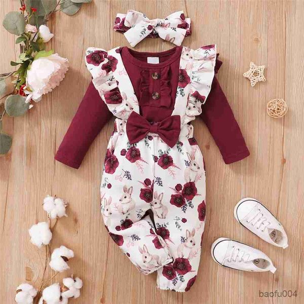 Kleidungssets Baby-Kleidungsset Rot mit langen Ärmeln Body + Blumenträgerhose 2-teilig Säuglingsmädchen-Neujahrskleidungsanzug R23109