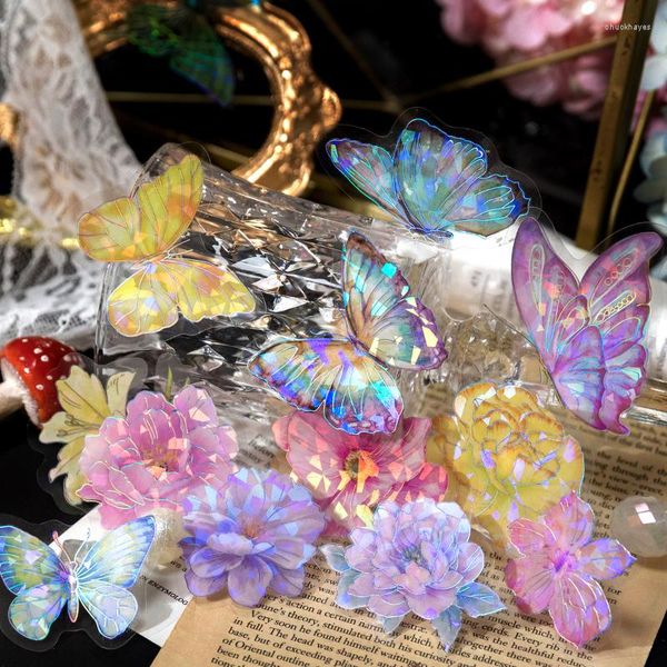 Confezione regalo 20 pezzi Farfalla Piuma Fiore Cristallo Laser Argento Adesivo Ragazza carina Fai da te Adesivi decorativi per arte artigianale Scrapbooking