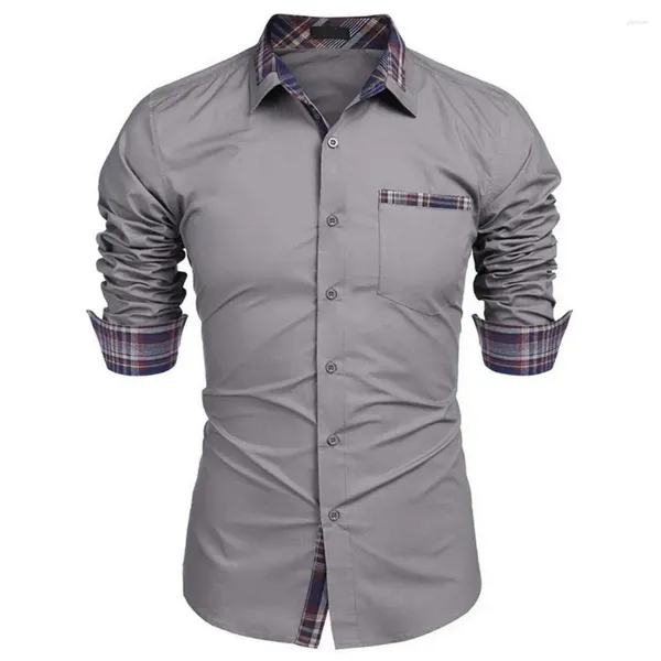 Camisas casuais masculinas primavera outono fino ajuste camisa masculina lapela manga longa cor bloqueio emenda topos escritório workwear