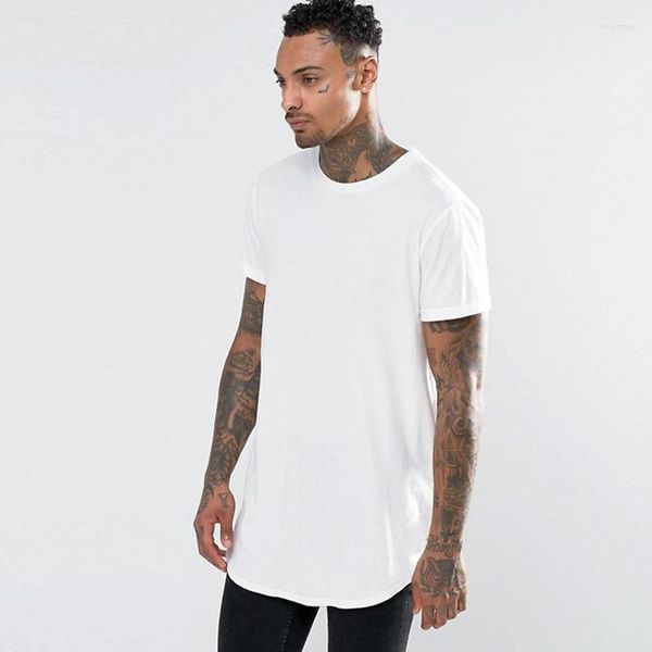 Camisetas masculinas Homem de verão Extendeida camiseta de bainha de cor sólida Fit Slim Fit Sleeve Sleeve Mens de-pescoço Ove