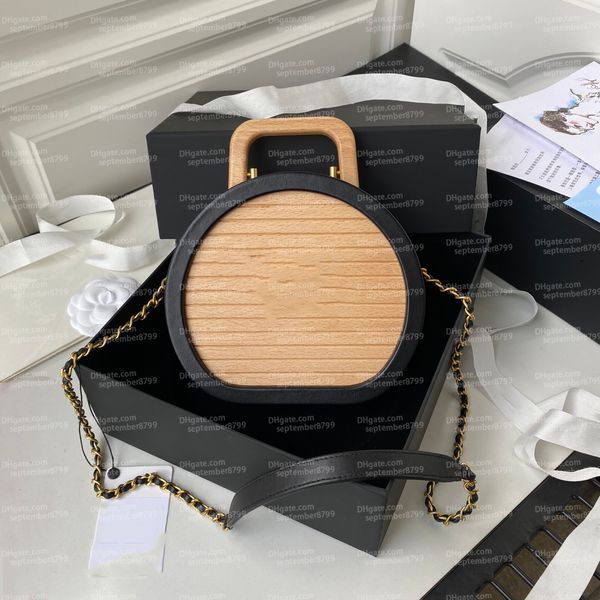 10a en kaliteli lüks tasarımcı flep çanta moda yuvarlak ahşap kozmetik kutu çanta kadın makyaj çantası gerçek deri zincir çantası 21cm bayan çapraz çanta çanta kutusu