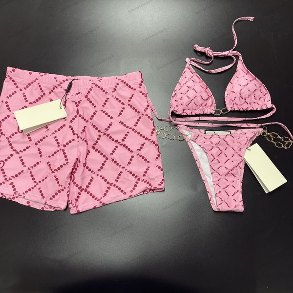 Costume da bagno firmato Lettere rosa stampate Bikini da donna Set Pantaloncini da bagno da uomo Costumi da bagno Moda Costumi da bagno spaccati sexy Abbigliamento da esterno